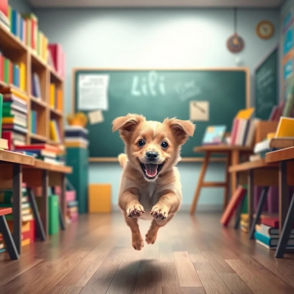 A happy little dog named Lili, a small brown puppy, jumping around a classroom filled with colorful books and a big blackboard, playful atmosphere, bright colors, cheerful light, vibrant and inviting scene, high quality