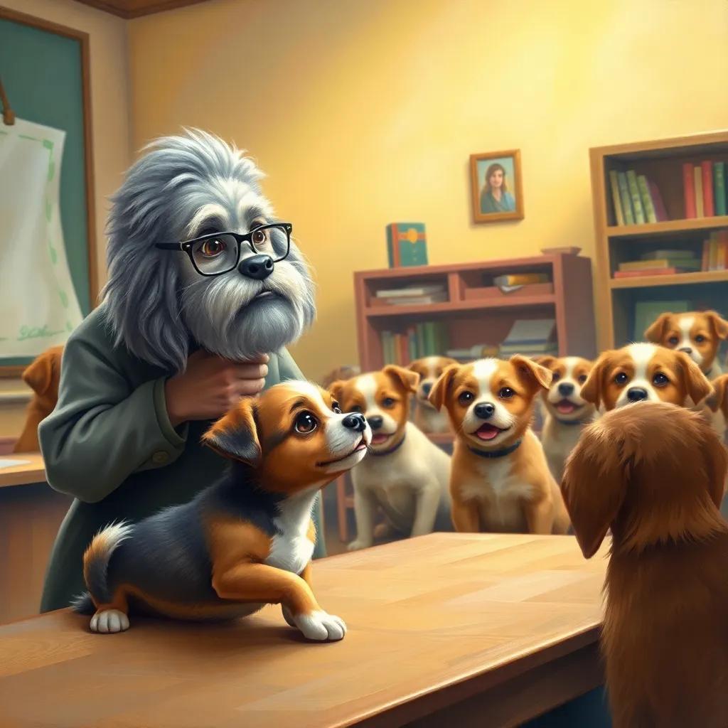 Lili, the playful puppy, looking curiously at a wise old dog teacher named Dona Bia, who has gray fur and glasses, with a classroom full of attentive puppy students, warm light, friendly classroom environment, engaging and colorful