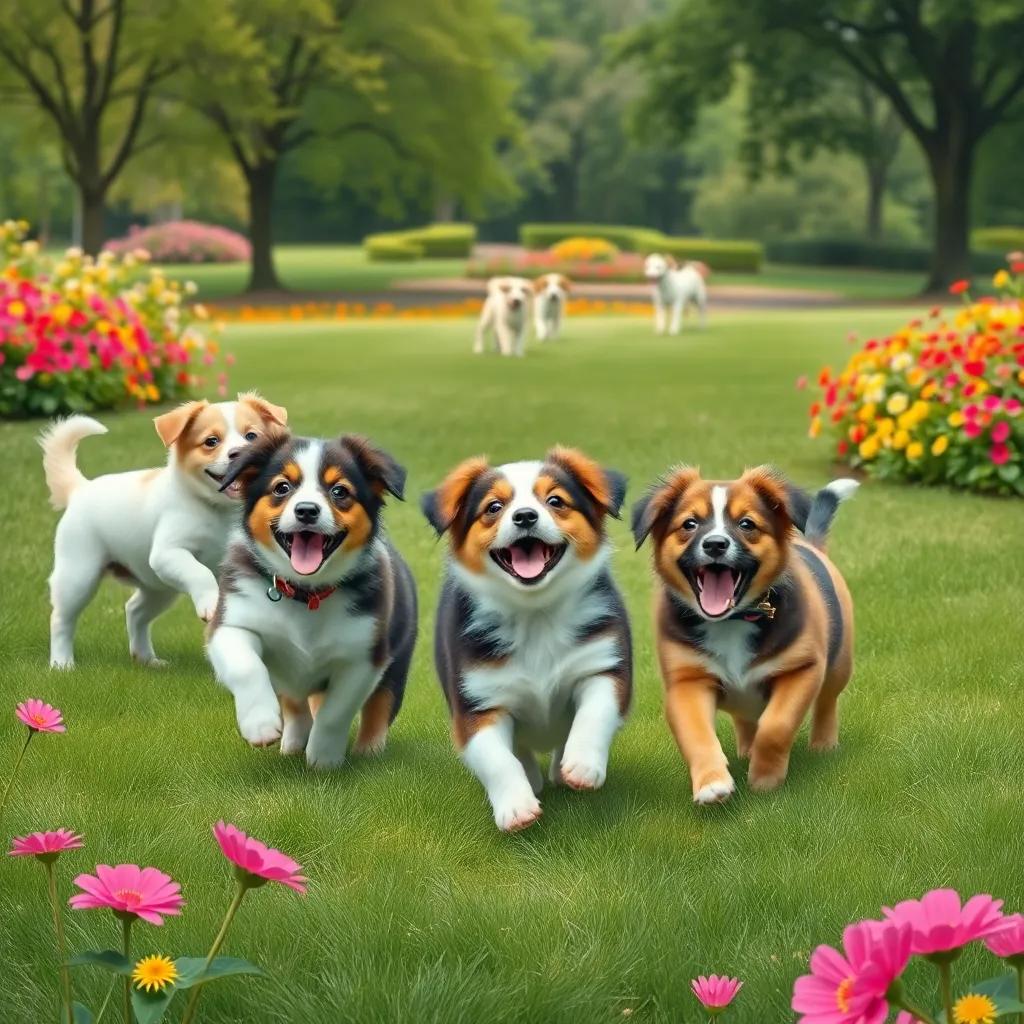 A park filled with joyful puppies playing together, Lili running freely, with a big green field and vibrant flowers, showcasing freedom and fun, bright and lively, a joyful atmosphere, high quality