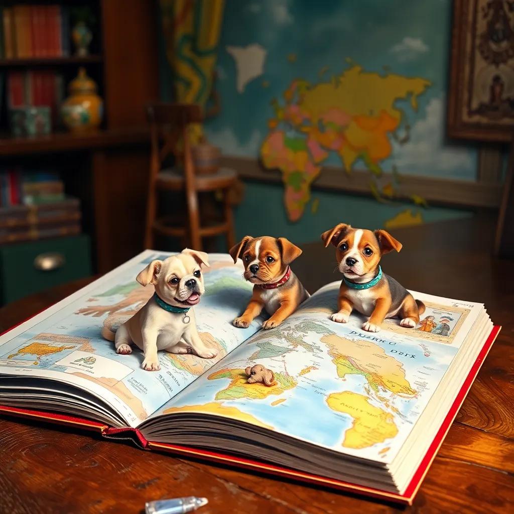 A colorful adventure book open on a table, with illustrations of little dogs traveling around the world, bright pages with inspiring images and cute puppy characters, enticing and imaginative, high quality
