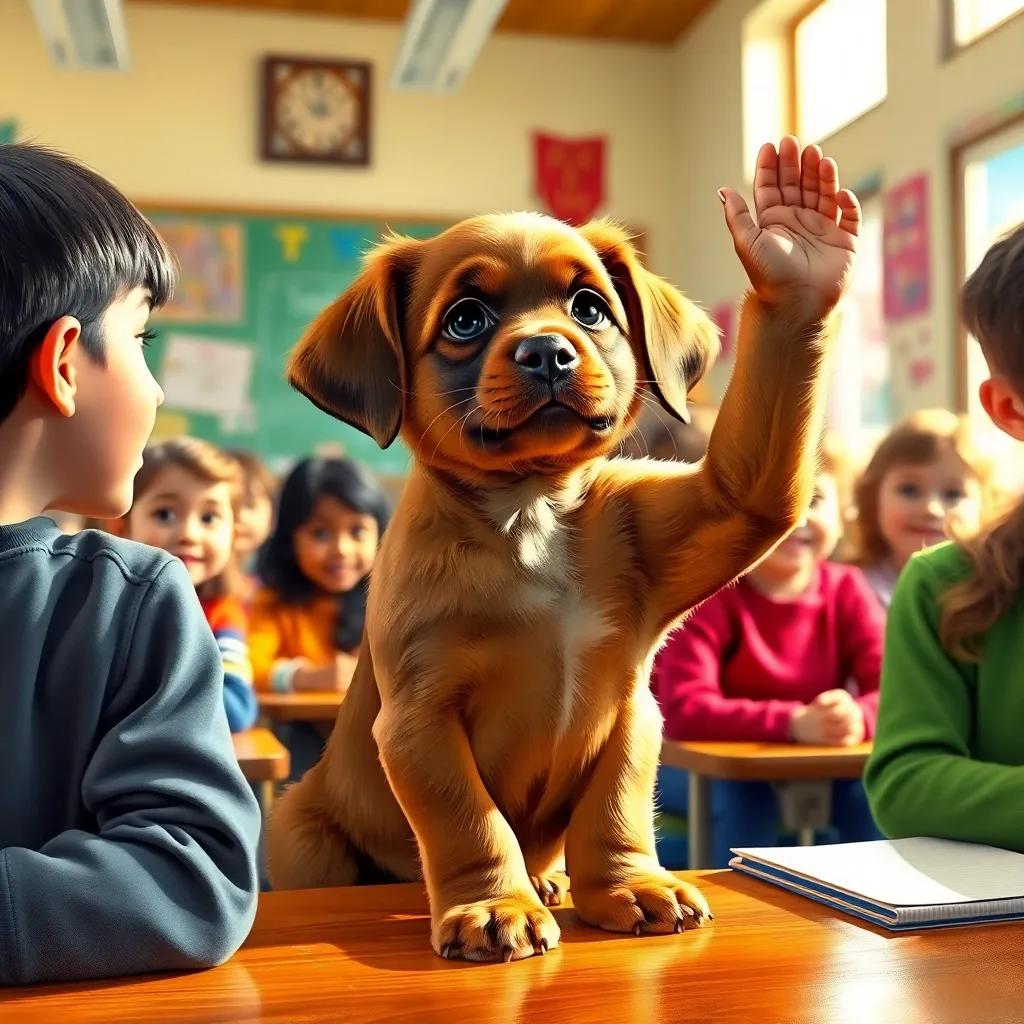 Lili, the brown puppy sitting attentively among her friends in the classroom, raising her paw to ask a question, a bright classroom buzzing with excitement, light streaming in, engaging vibrant colors, high quality