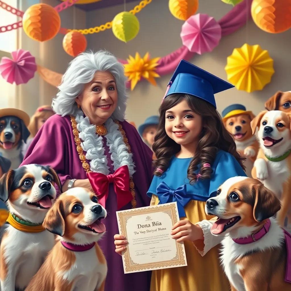 A proud teacher, Dona Bia, smiling at Lili as she receives a diploma in a colorful ceremony surrounded by her happy puppy friends, warm and celebratory atmosphere, colorful decorations, heartwarming scene, high quality