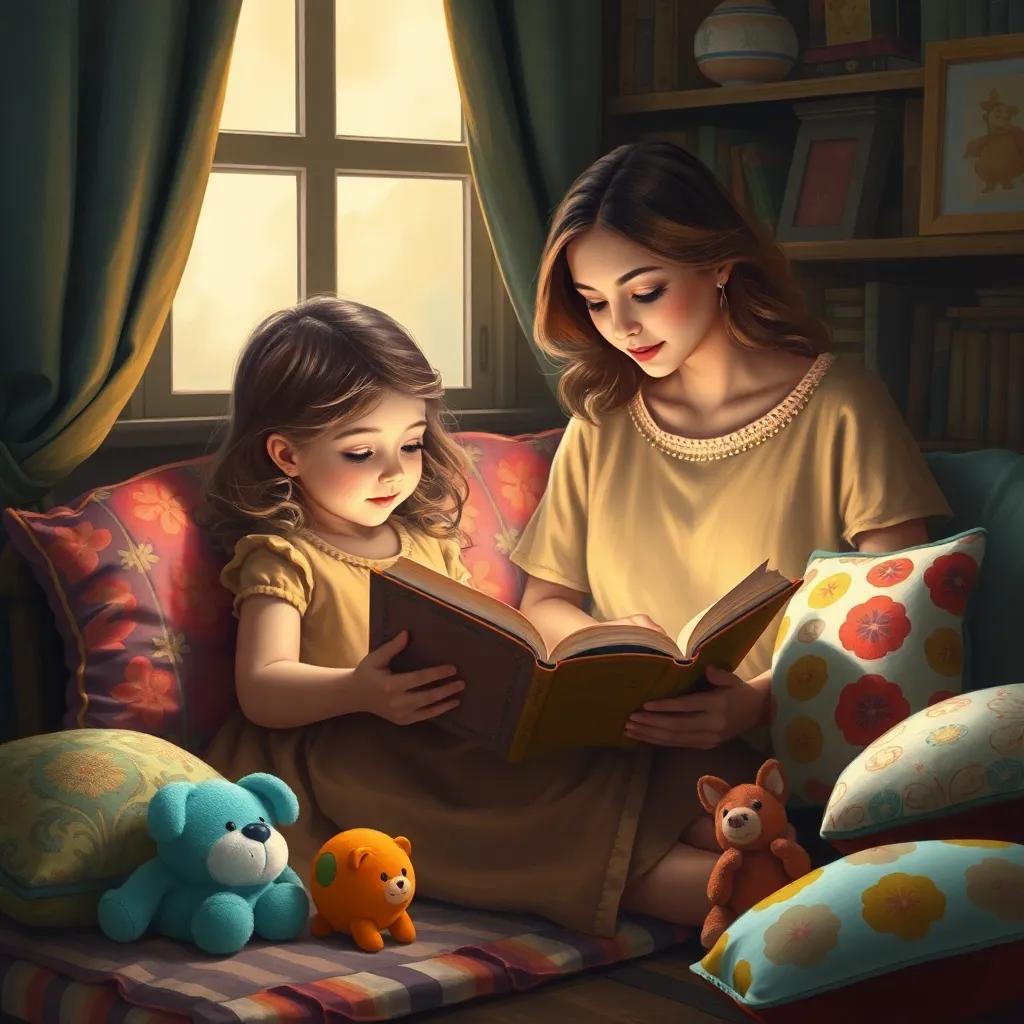 Lili reading a book at home in a cozy corner, with her mom watching lovingly, surrounded by toys and colorful cushions, warm light, inviting and peaceful, high quality