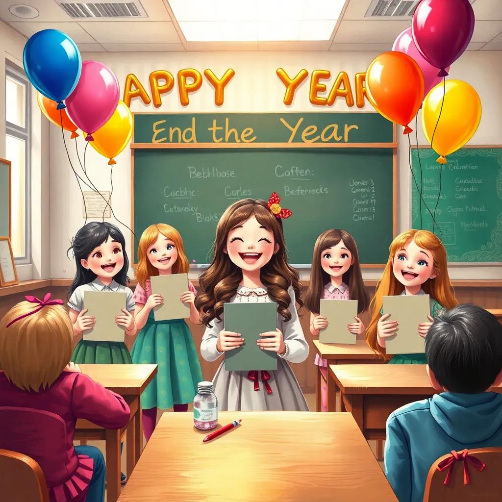 A happy classroom scene celebrating the end of the year with Lili and her friends holding diplomas, balloons, and laughter, joyful and festive colors, heartwarming atmosphere, high quality