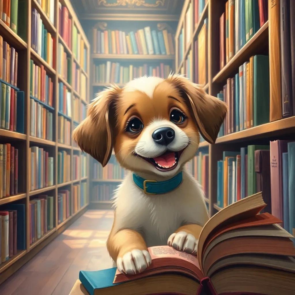 Lili, now a smart puppy, exploring a library filled with books, with a big smile on her face, enchanting shelves and colorful book titles, a sense of wonder and learning, bright warm light, high quality