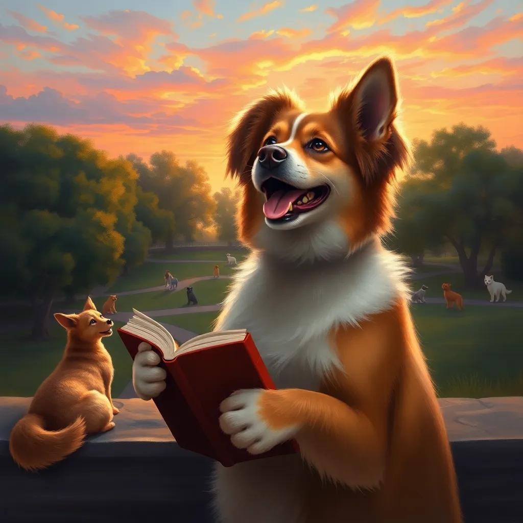A joyful sunset with Lili looking out at her friends playing in the park, with a book in her paws and a big smile, representing happiness and adventures, soothing colors, heartwarming view, high quality