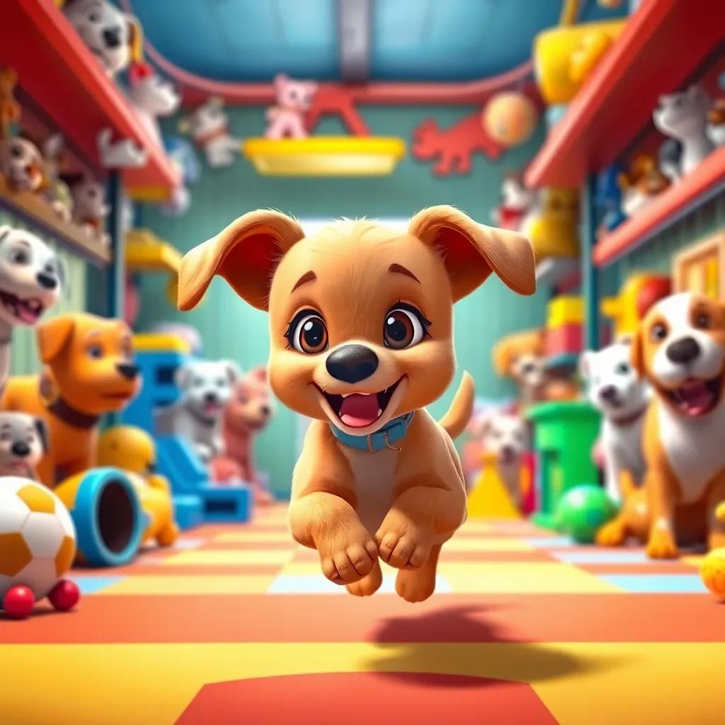 A playful puppy named Lila, a small brown dog with floppy ears, running in a vibrant kennel filled with toys and happy dogs, digital art, bright colors, joyful atmosphere