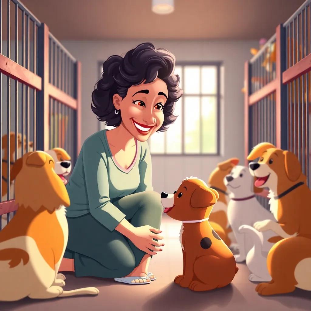 Dona Maria, a middle-aged woman with curly hair and a warm smile, kneeling down to greet Lila the puppy in the kennel, surrounded by playful dogs, cheerful illustration, welcoming light, colorful