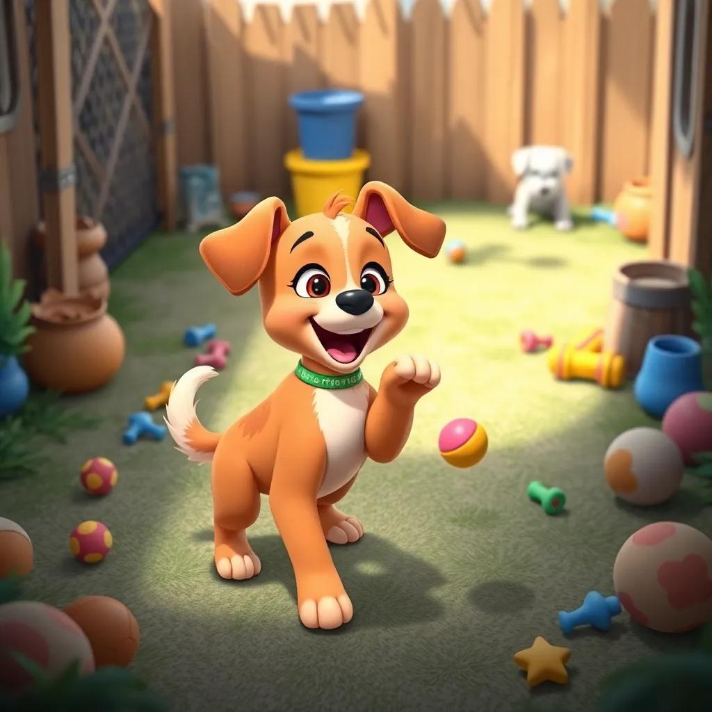 Lila the puppy, wagging her tail excitedly while playing fetch with Dona Maria in the kennel yard, colorful toys scattered around, lighthearted scene, child-friendly