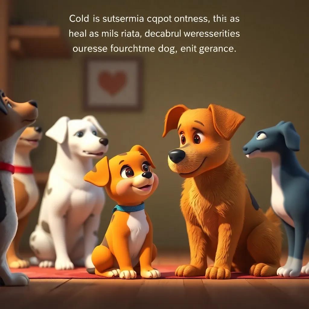 Lila the puppy, sitting calmly with other dogs, listening to Dona Maria who is explaining the importance of rules with a gentle expression, inviting ambiance, heartwarming image