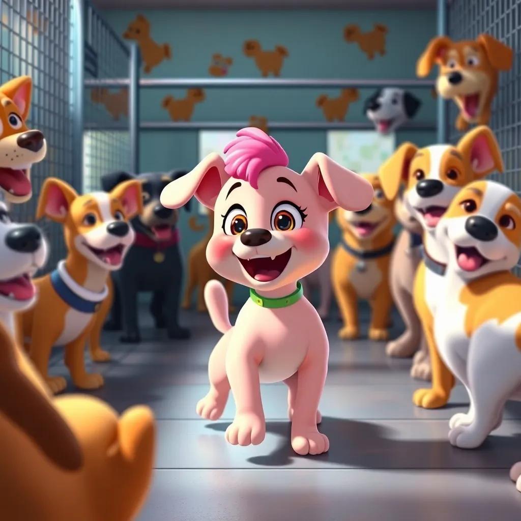 Lila the puppy, happily playing with other dogs in the kennel after a day of following rules, joyful expressions all around, bright and colorful, lively atmosphere