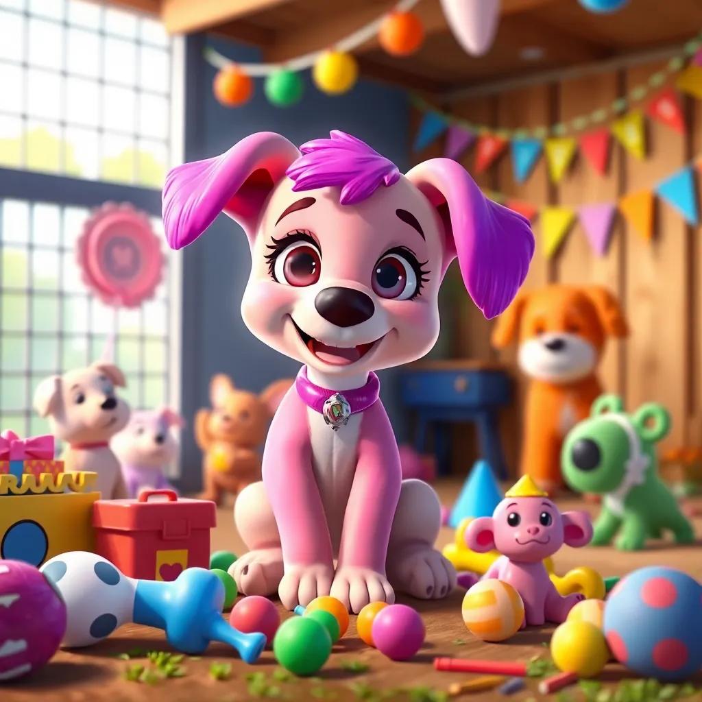Lila the puppy, now well-behaved, organizing toys for a party with her friends, colorful celebration decorations in the kennel, fun and festive scene