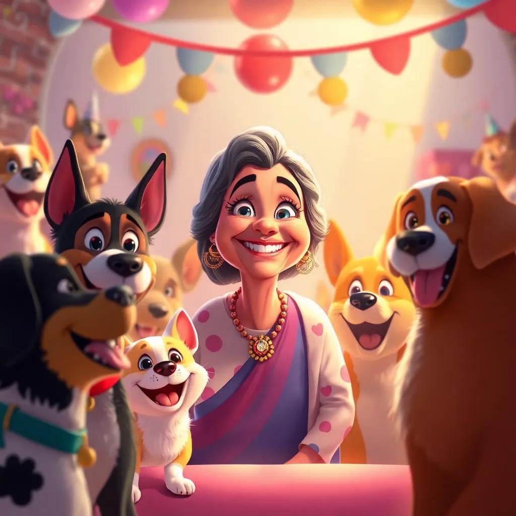 Dona Maria observing the fun-filled party with a proud smile, surrounded by happy dogs, whimsical and joyful feeling, colorful light
