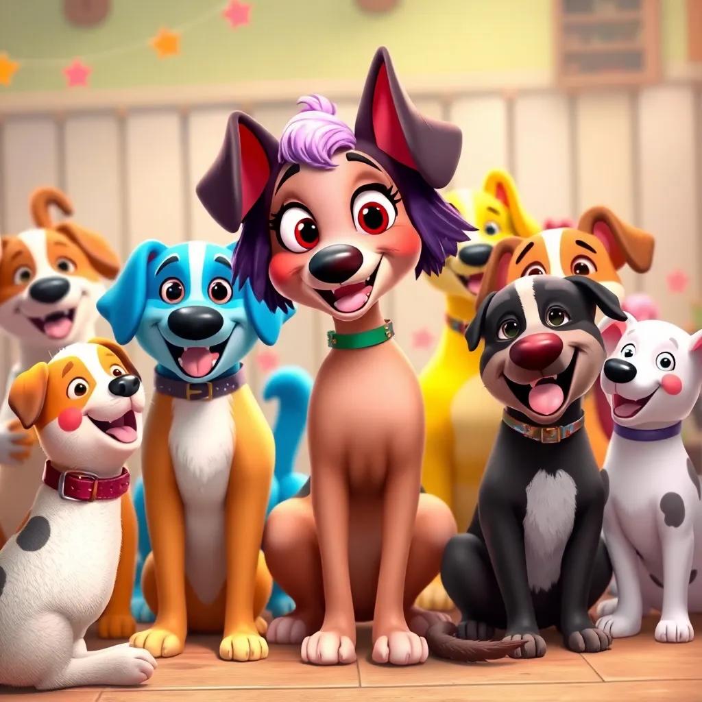 Lila, surrounded by friends at the kennel, celebrating together with tail wags and barks, colorful and cheerful setting