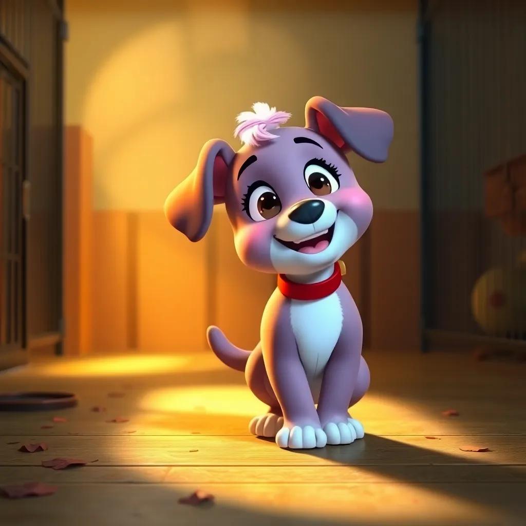 Lila, the little puppy, reflecting happily on her journey from a mischievous dog to a beloved friend in the kennel, warm light, uplifting and joyful scene