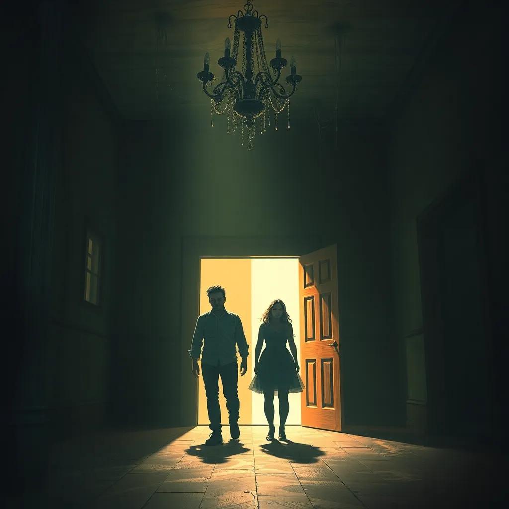 Interior of the creepy old house, dimly lit with shadows, Pedro and Ana cautiously stepping inside, with an old, dusty chandelier and cobwebs hanging from the ceiling, digital painting, suspenseful, inviting yet frightening, high quality