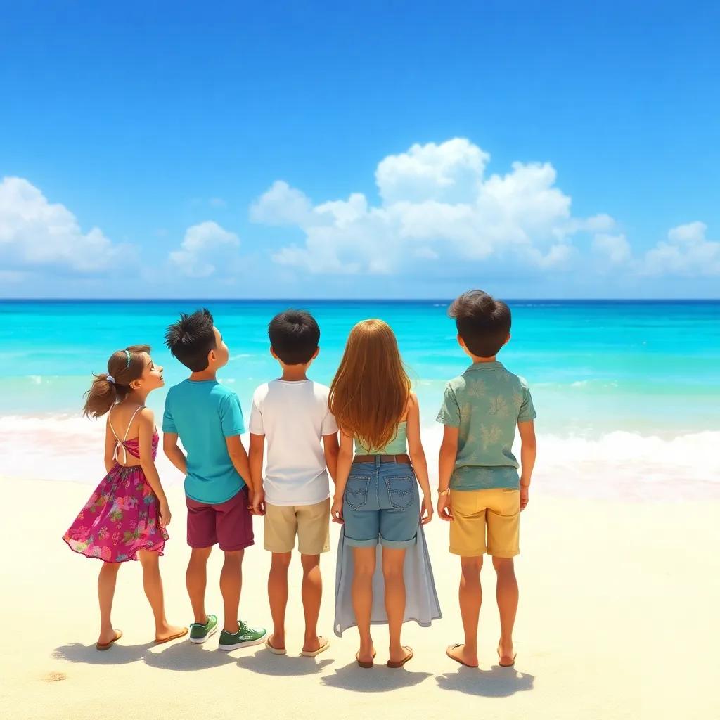 Um grupo de amigos, Lúcia, com cabelo encaracolado e vestido colorido, Miguel, com camiseta listrada e shorts, Clara, com cabelo longo e blusa de flores, e João, com boné e bermuda, em uma praia ensolarada, olhando para o mar azulado, digital art, vibrante, ensolarado, alegria, alta qualidade