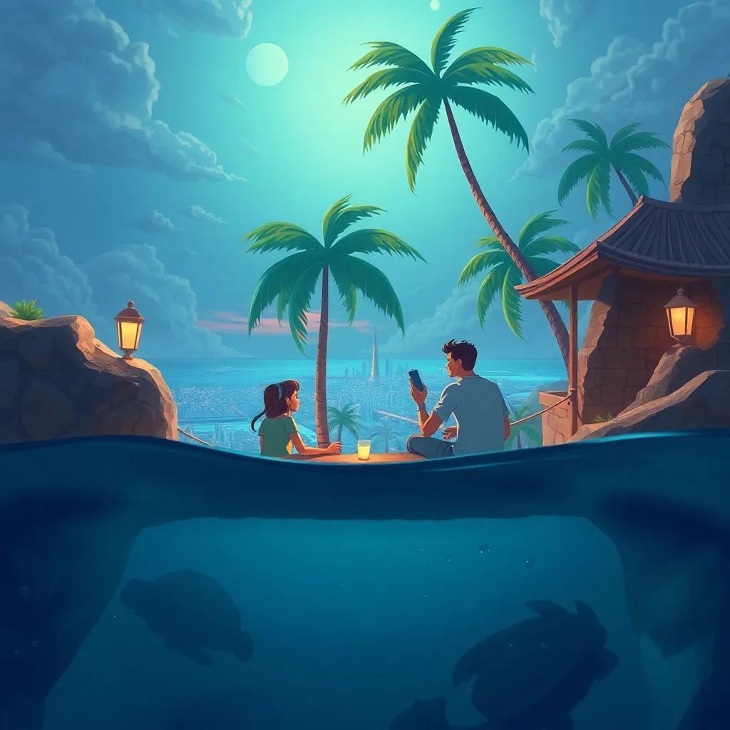 Os amigos ouvindo um morador local contar uma história sobre a cidade submersa, com palmeiras ao fundo e o som das ondas, todos atentos e curiosos, ilustração, acolhedora, intrigante, cores quentes