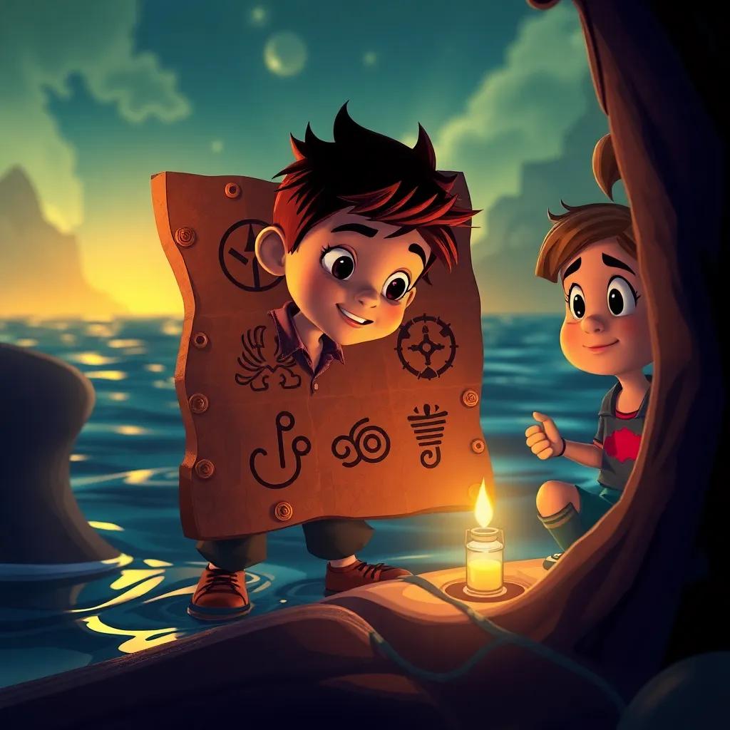 João encontrando uma placa antiga com símbolos estranhos, enquanto os amigos olham intrigados, a luz da lanterna refletindo na água, ilustração, detalhada, mística, atmosfera de aventura