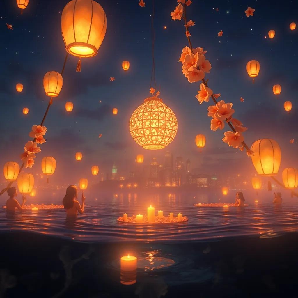 Uma cerimônia feita pelo grupo, acendendo uma lanterna de conchas e flores, com a cidade submersa ao fundo brilhando intensamente, digital art, simbólica, emocional, luminosidade