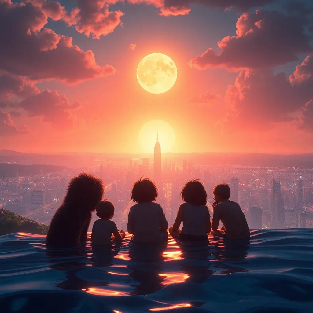 Os amigos observando a cidade submersa brilhar intensamente, enquanto a lua começa a desaparecer, atmosfera mágica, digital art, cheia de emoções, vibrante