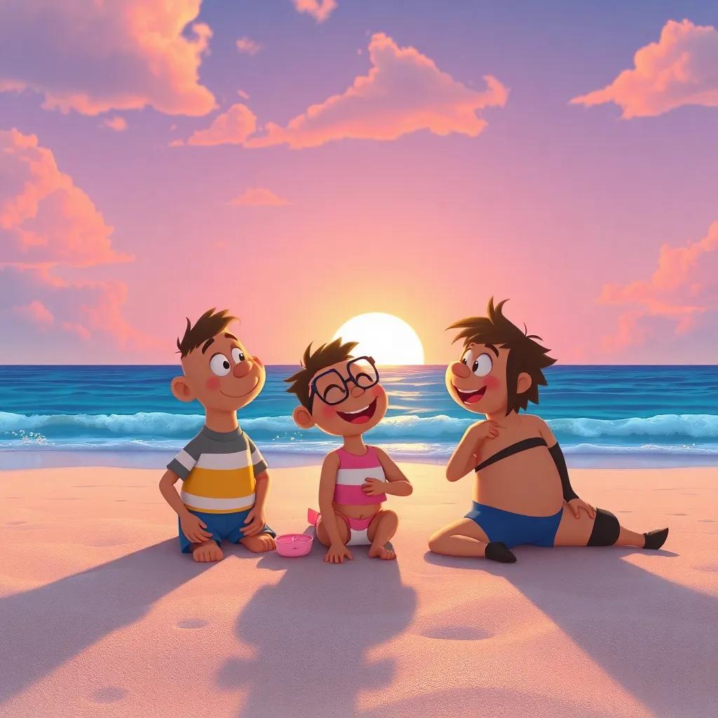 Os amigos na praia, com o amanhecer no horizonte, prontos para compartilhar suas descobertas, em um ambiente tranquilo e bonito, digital art, inspiradora, reconfortante, alta qualidade