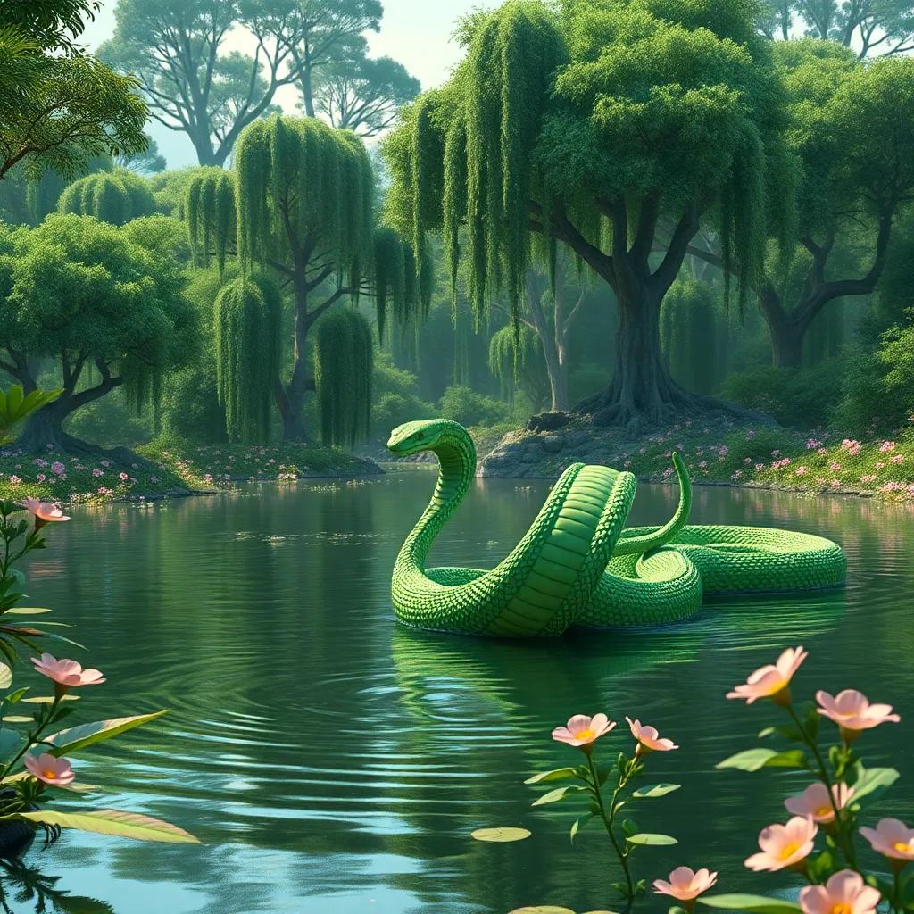 Uma cobra gigante de escamas verdes nadando suavemente em um grande rio, cercada por árvores altas e flores vibrantes, ao entardecer, digital art, cores quentes, tranquilidade, vista próxima, alta qualidade