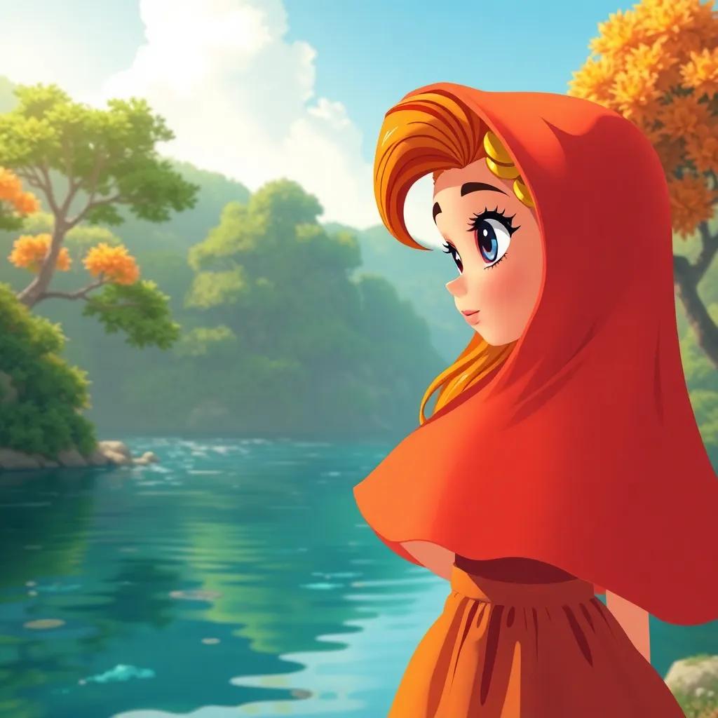 Laura, uma menina corajosa com cabelo cacheado e vestido colorido, se aproximando do rio com um brilho de curiosidade nos olhos, árvores se movendo ao vento, ilustração vibrante, calorosa, perspectiva de baixo