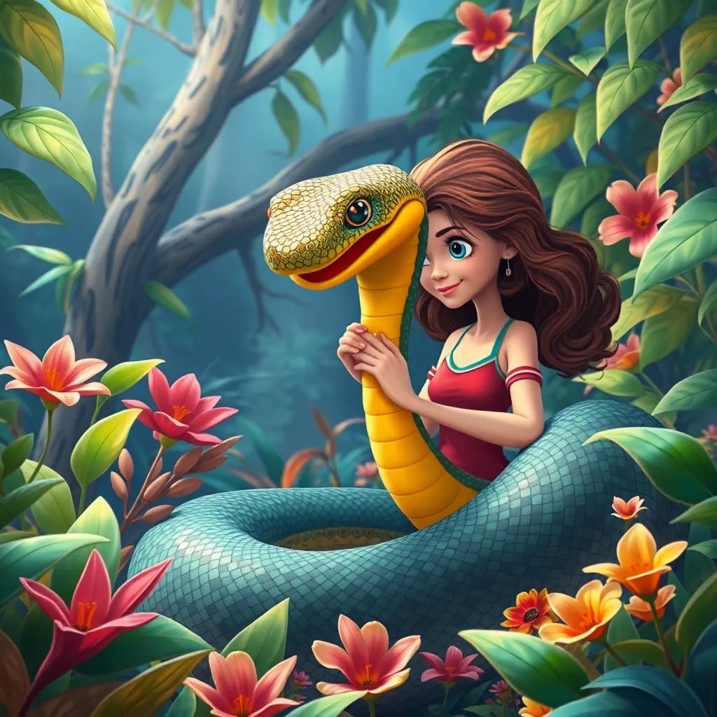 Laura e a cobra explorando a floresta juntas, cercadas por animais e plantas, a cobra mostrando sua proteção sobre a natureza, cores vibrantes, ilustração mágica, perspectiva ampla