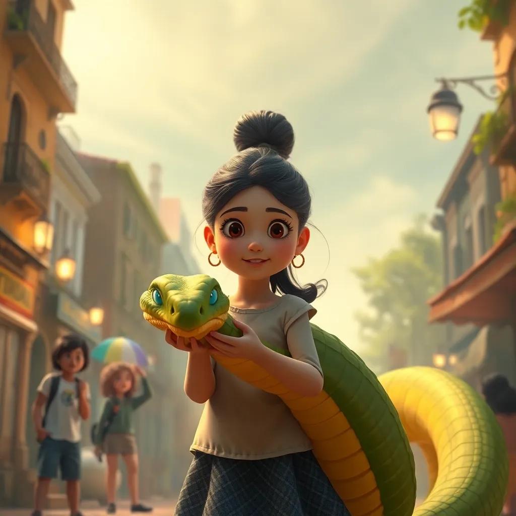 Laura, a menina corajosa, apresentando a cobra gigante aos habitantes da cidade, expressões de espanto e admiração em seus rostos, ambiente acolhedor, cores alegres, cena envolvente