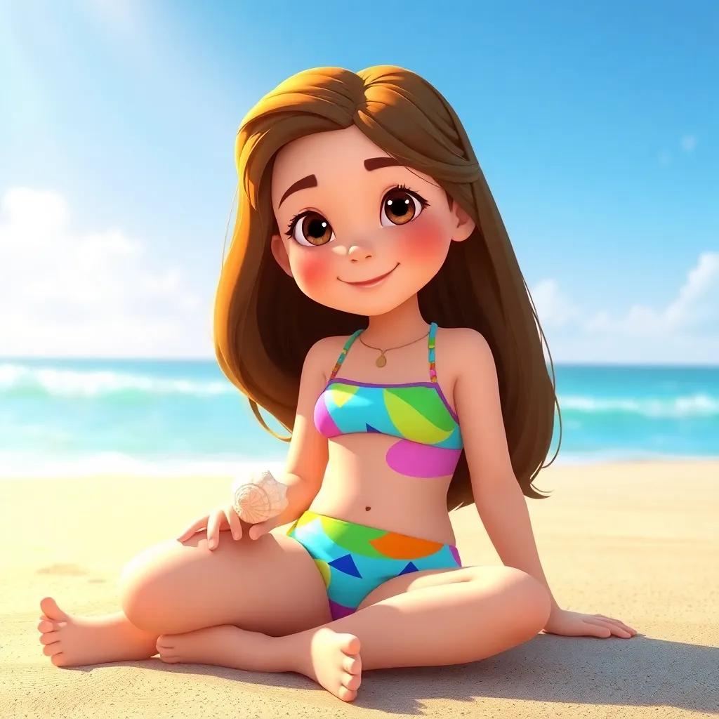 A young girl, Clara, with long brown hair wearing a colorful swimsuit, sitting on the beach, holding a shiny seashell, with bright sunlight shining on her, digital art, vibrant colors, warm beach atmosphere, high quality