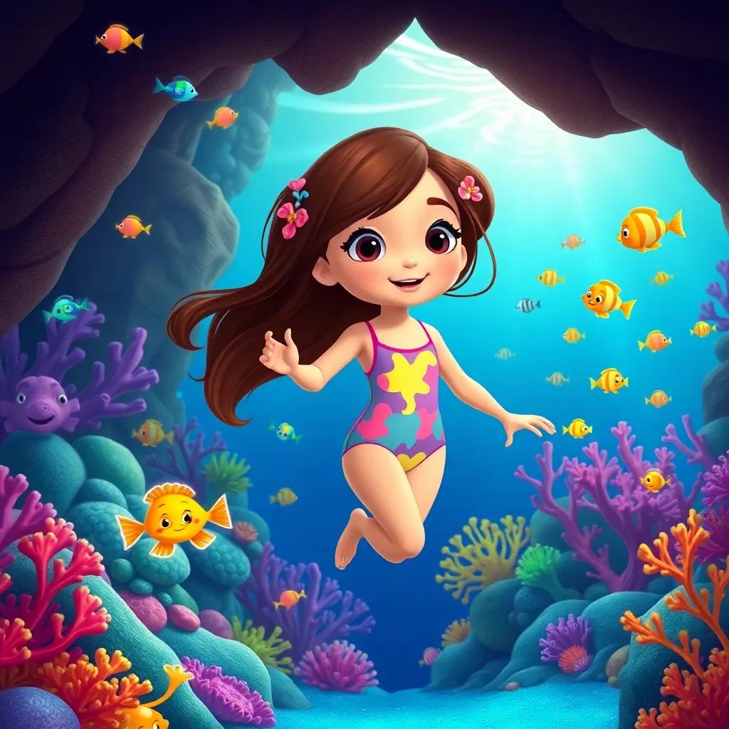 Clara, a young girl with long brown hair in a colorful swimsuit, exploring an underwater kingdom filled with colorful fish and dancing corals, illustration, cheerful, magical underwater scene, child-friendly