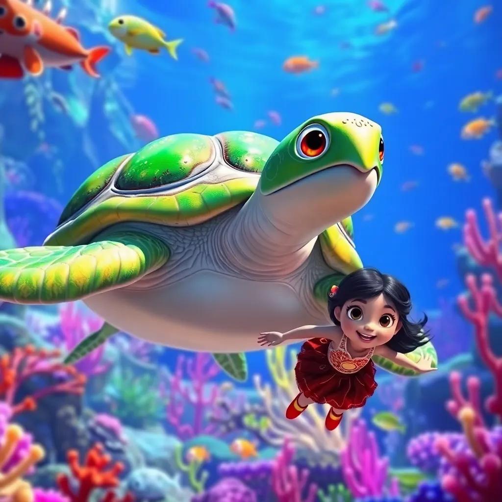 A giant turtle named Tula, with green shells and friendly eyes, swimming alongside Clara in a beautiful underwater realm filled with marine life, colorful and bright, vivid colors, undersea perspective, magical