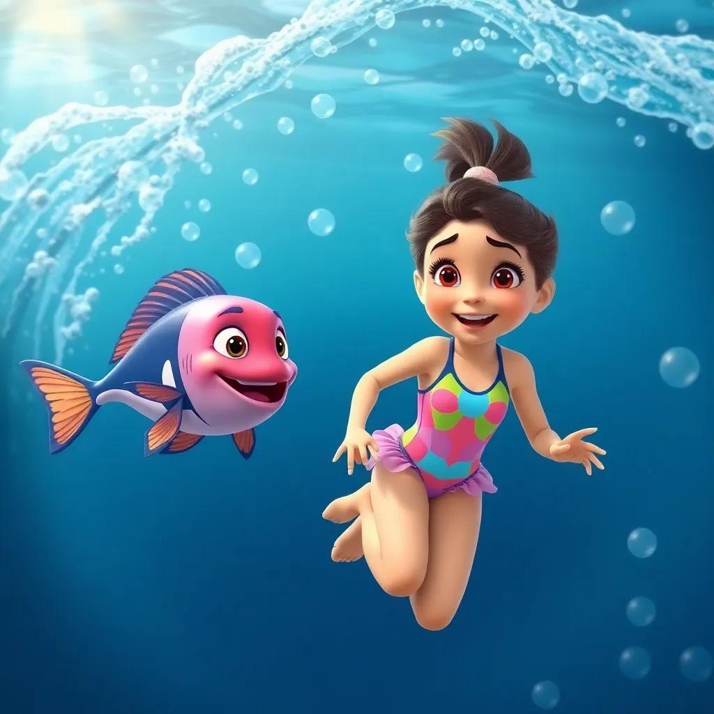 Clara, a young girl in a colorful swimsuit, racing with a little fish named Leo, surrounded by bubbles and fast-moving waves, whimsical underwater scene, joyful expression, adventure-themed
