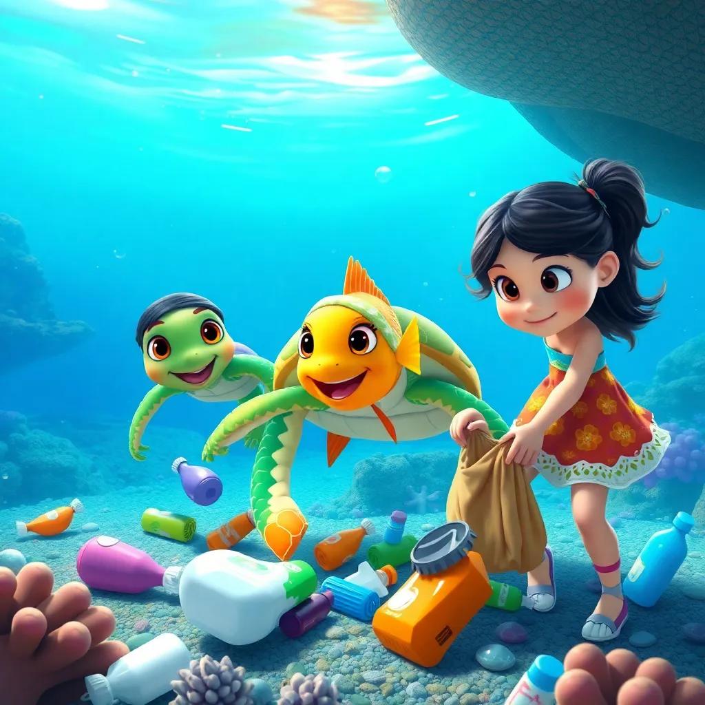 Tula the turtle, Léo the fish, and Clara cleaning up the ocean floor, collecting plastic and trash, with clarity and beauty in the background, community effort, colorful, uplifting, environmental message