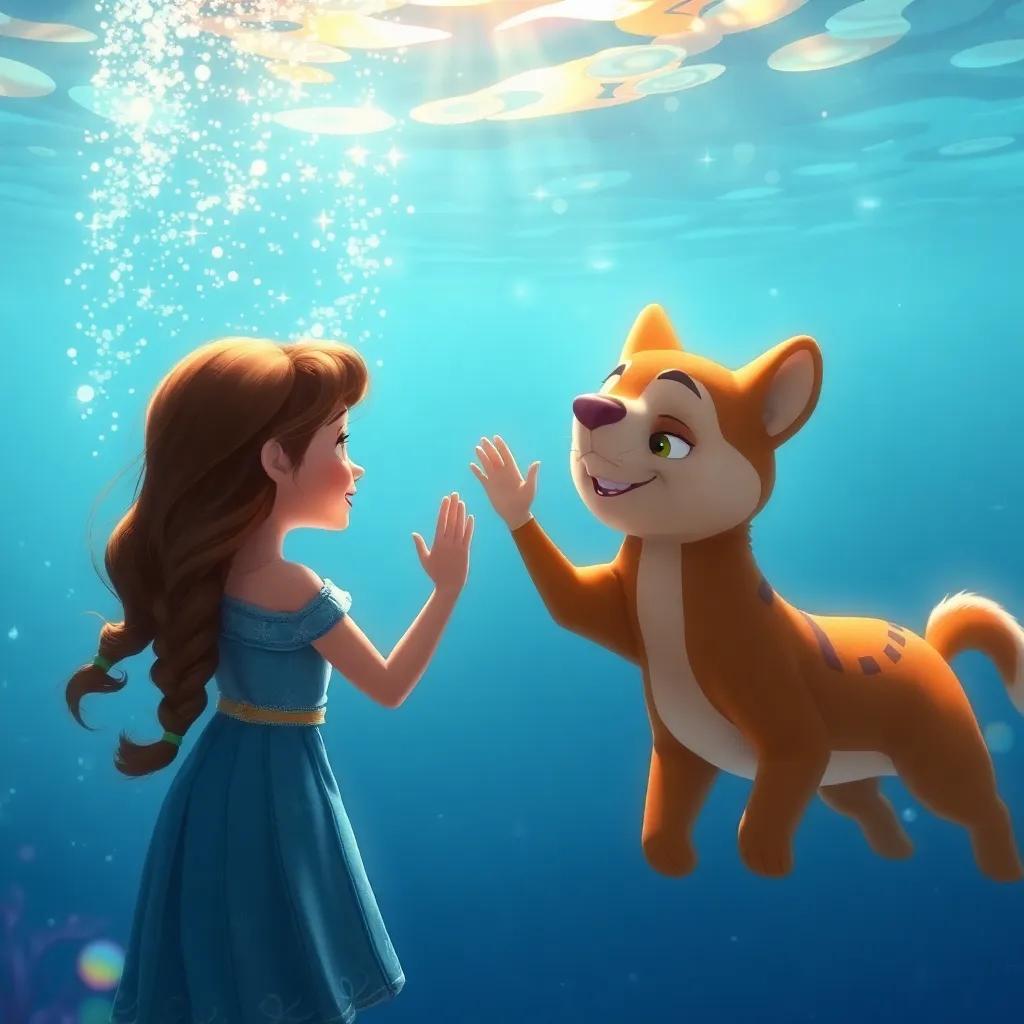 Clara saying goodbye to Tula and Leo, waving underwater with sparkling water around them, heartfelt scene, warm colors, emotional farewell, magical atmosphere