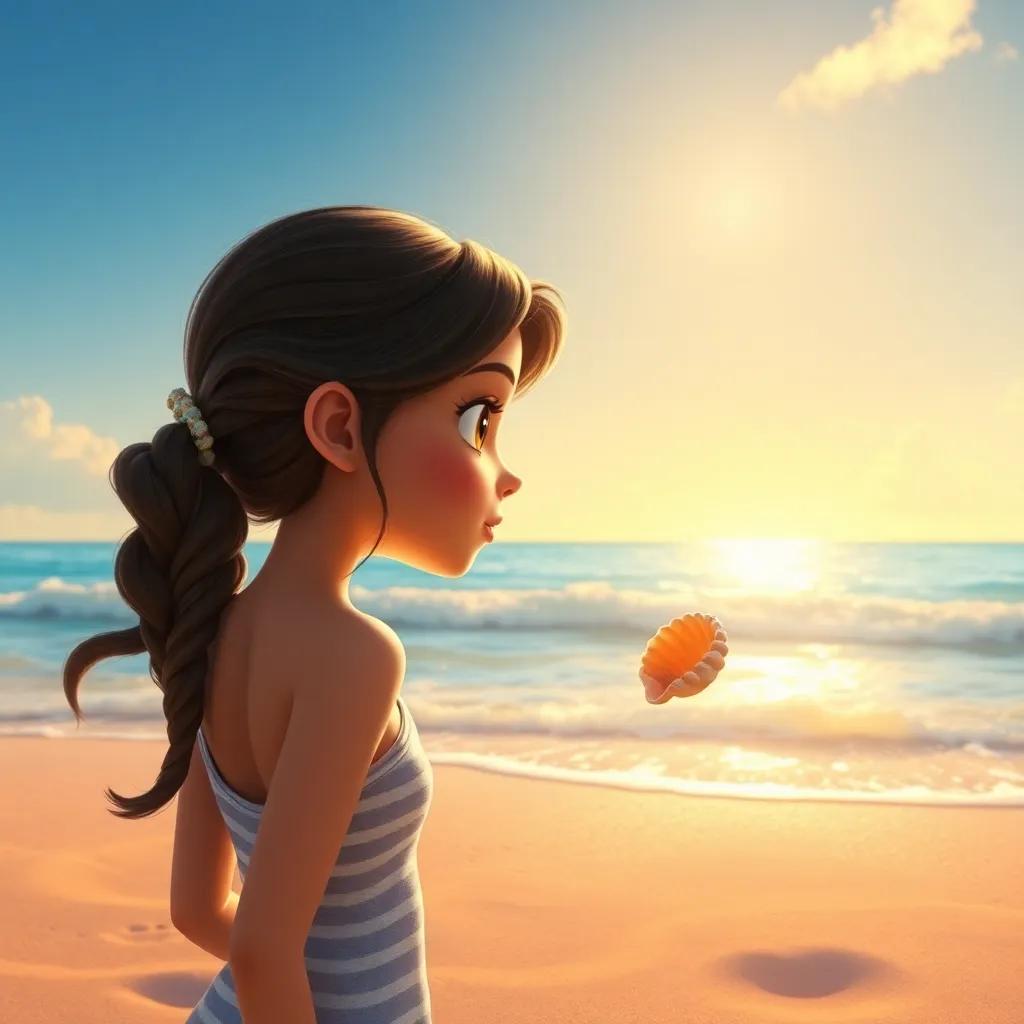 Clara back on the beach, looking at the shell with determination in her eyes, sunlight reflecting off the ocean, vibrant beach scene, inspirational