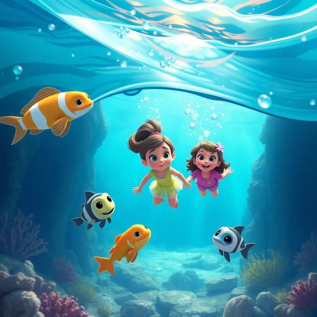Clara swimming with her ocean friends under the waves, collecting trash together, unity and teamwork illustrated, bright underwater environment, vibrant and positive
