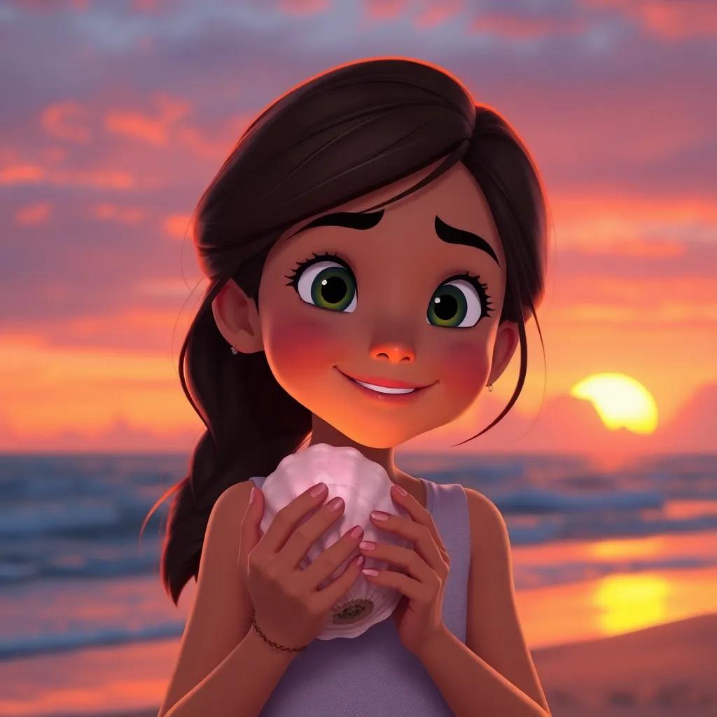 Clara smiling and holding the shell close while looking at the ocean, determination on her face, a beautiful sunset in the background, warm colors, hopeful future