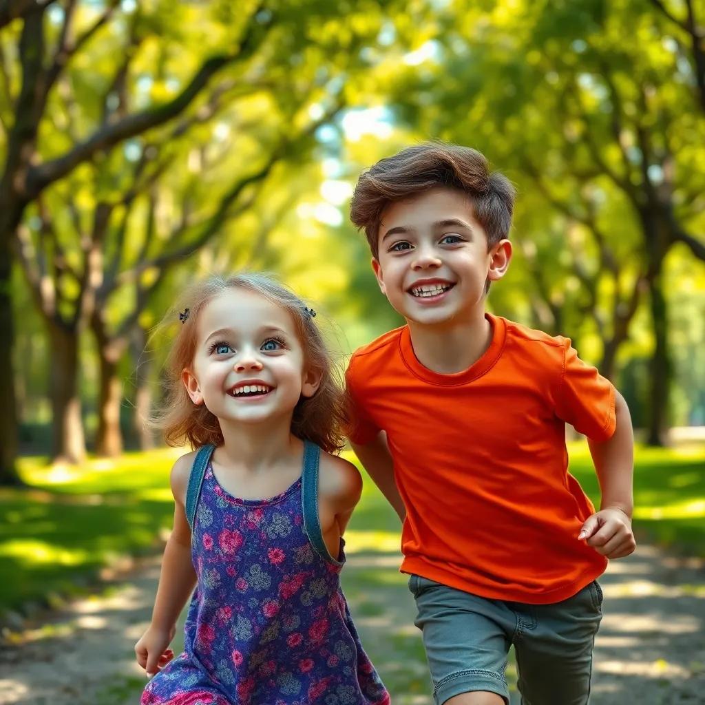 Lila, uma menina de 7 anos, com cabelo castanho e óculos coloridos, sorrindo animadamente ao lado de Leo, um menino de 8 anos com cabelo castanho, correndo em um parque ensolarado, árvores ao fundo, digital art, vibrante, alegre, alta qualidade