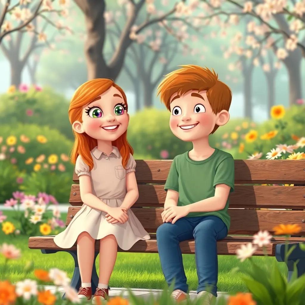 Lila, uma menina de 7 anos com cabelo castanho e óculos coloridos, sentada em um banco com Leo, um menino de 8 anos com cabelo castanho, ambos sorrindo e conversando, parque cheio de flores ao redor, ilustração, calorosa, atmosfera amigável, alta qualidade