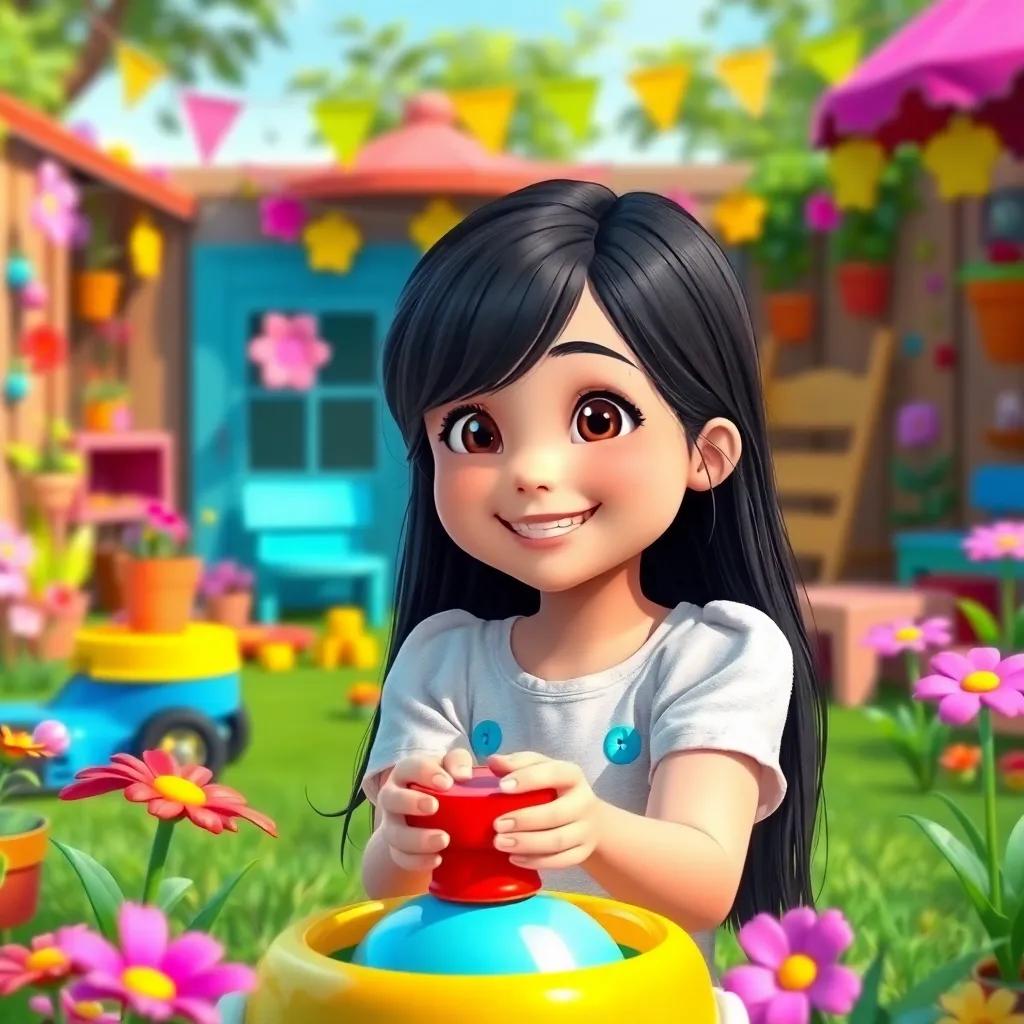 A beautiful girl, Helena, smiling brightly, with long black hair and brown eyes, playing in a colorful backyard filled with toys and flowers, digital art, vibrant colors, cheerful atmosphere, joyful expression, high quality