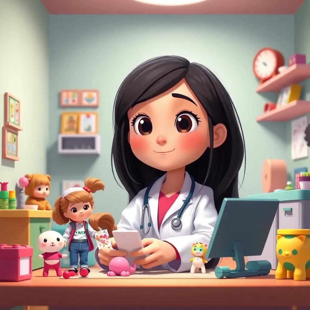 Helena, a creative girl with black hair and brown eyes, setting up a doctor playset with her dolls, colorful toys and a pretend doctor's kit, illustration, playful, bright colors, warm lighting, inviting perspective, high quality