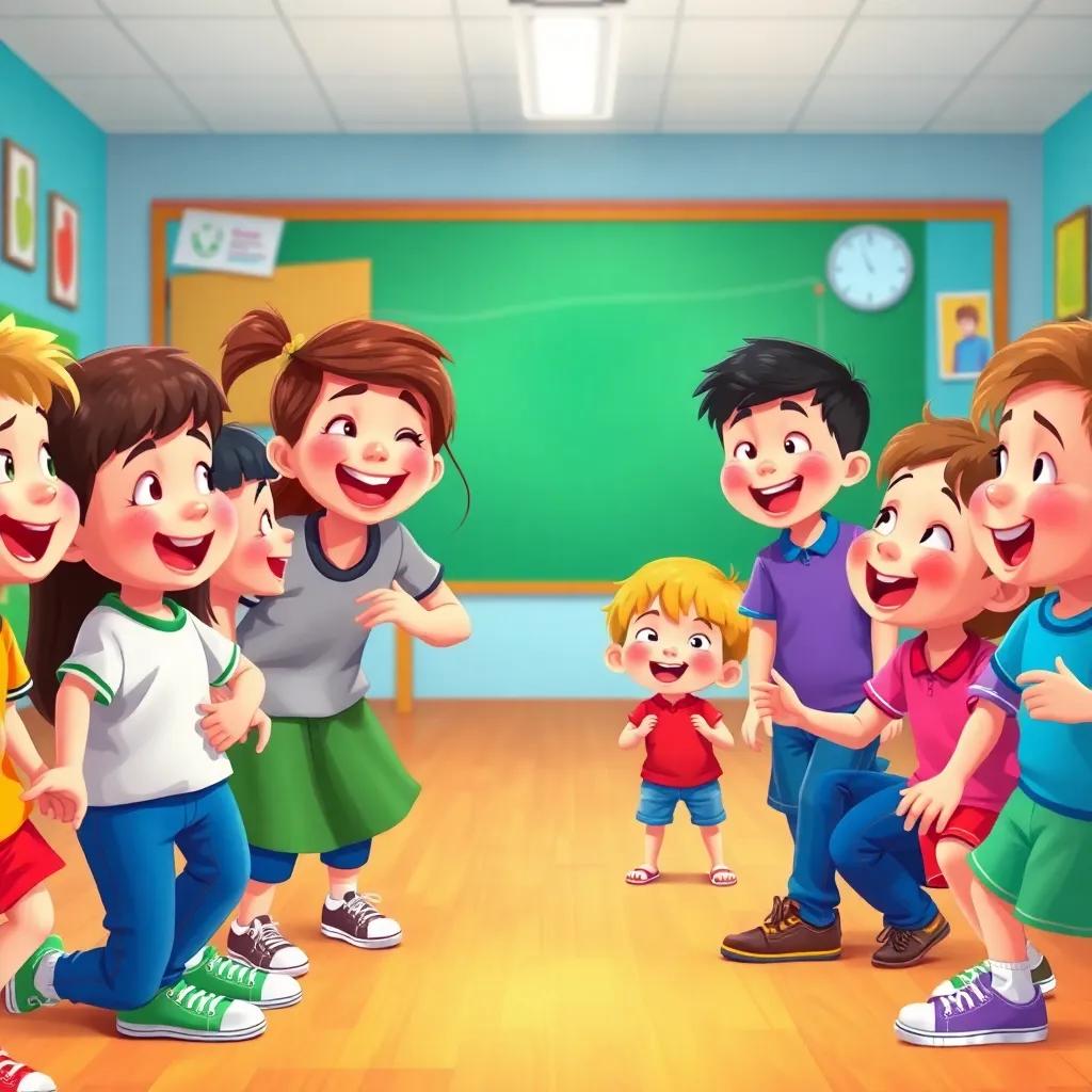 A group of kids playing in school, with Helena at the center laughing and leading the game, colorful classroom background, joyful expressions, happy atmosphere, illustration, vibrant, high quality