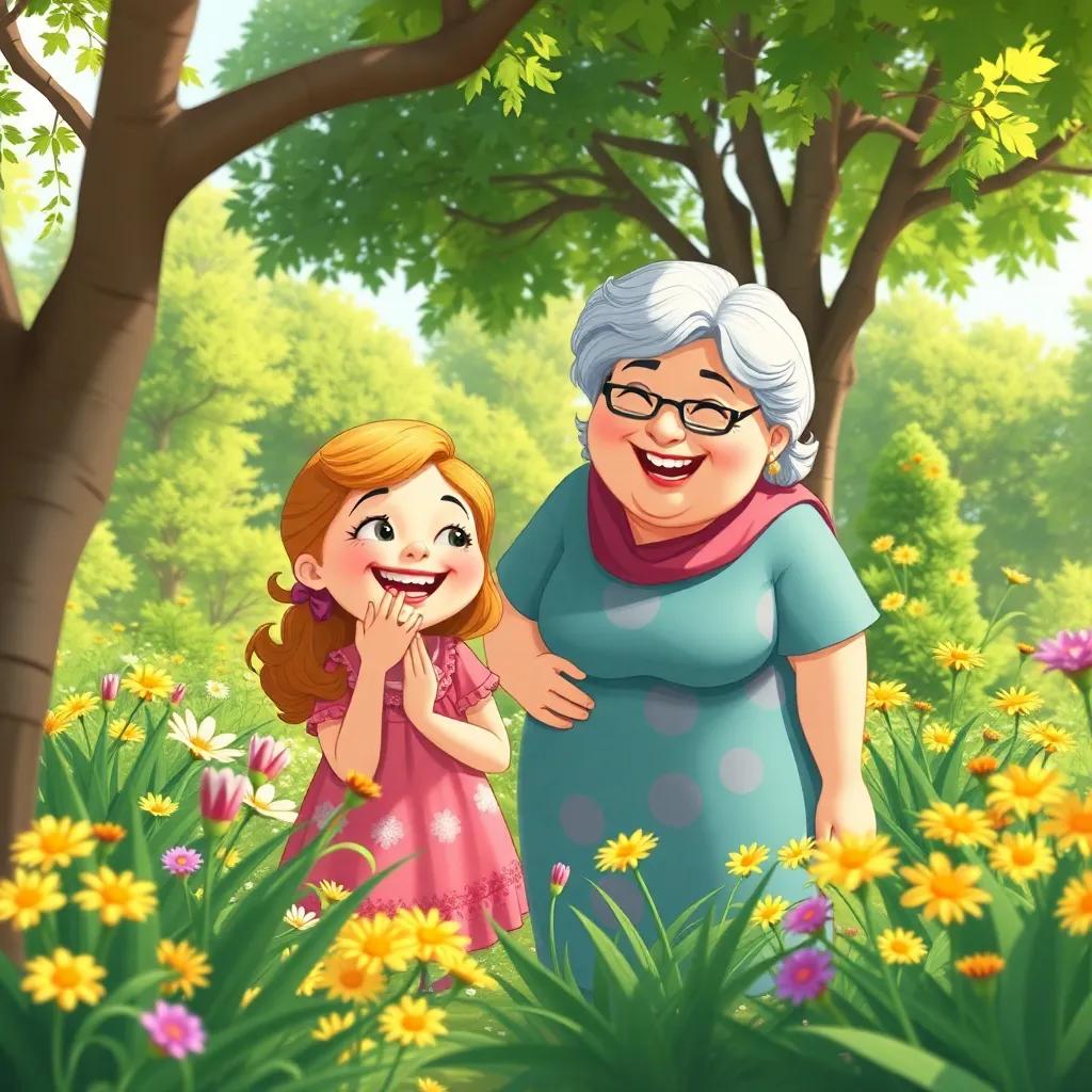 Helena with her aunt Leina, both laughing and playing hide and seek in a sunny garden, with green trees and bright flowers around them, illustration, fun, warm colors, friendly atmosphere, high quality