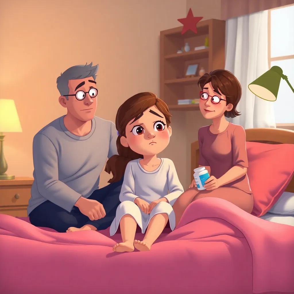 Helena sitting on her bed, looking worried with her parents beside her, discussing taking medicine, a gentle and caring scene, warm lighting, homey atmosphere, illustration, warm colors, high quality