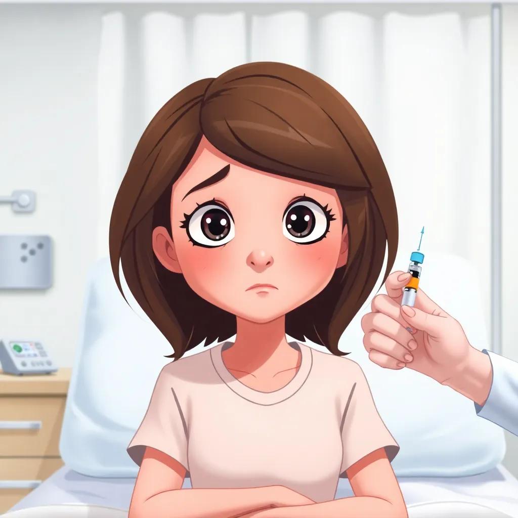 Helena in a hospital room, looking brave yet a bit nervous, with a kind nurse holding a syringe, soft colors, caring vibe, illustration, gentle atmosphere, high quality