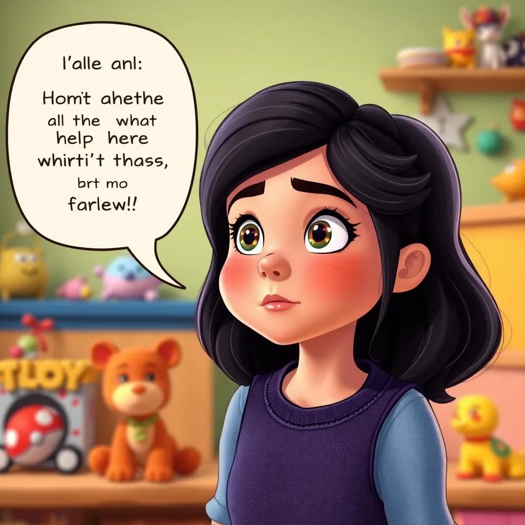 Helena with a determined expression, speaking to her parents about her fears, colorful background with her favorite toys, illustration, encouraging atmosphere, high quality