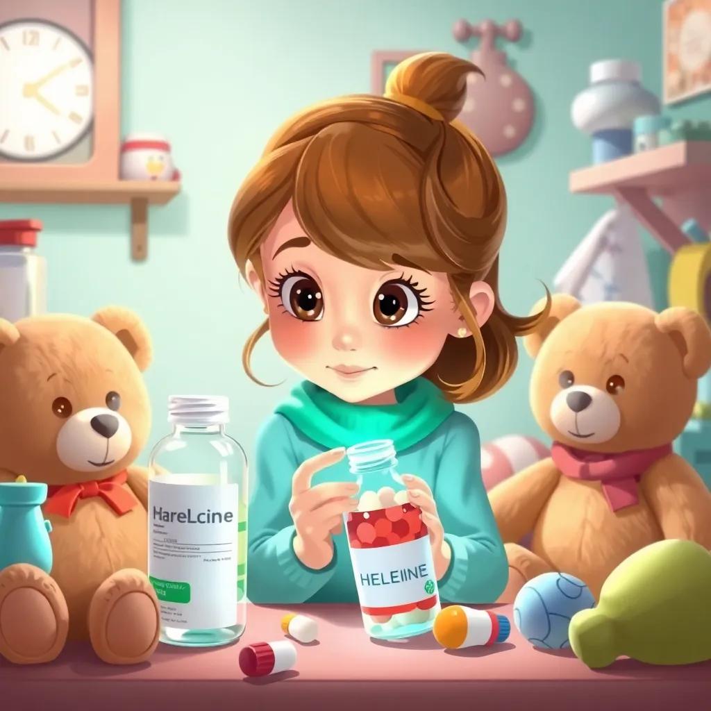 Helena looking at a medicine bottle with a curious expression, surrounded by friendly items like a teddy bear and her toys, bright colors, whimsical atmosphere, illustration, inviting mood, high quality