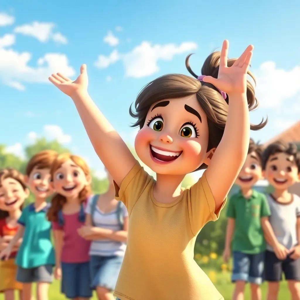 Helena playing outside, showing bravery and smiling with friends around her, sunny day with a bright blue sky and laughter, illustration, joyful and uplifting scene, high quality